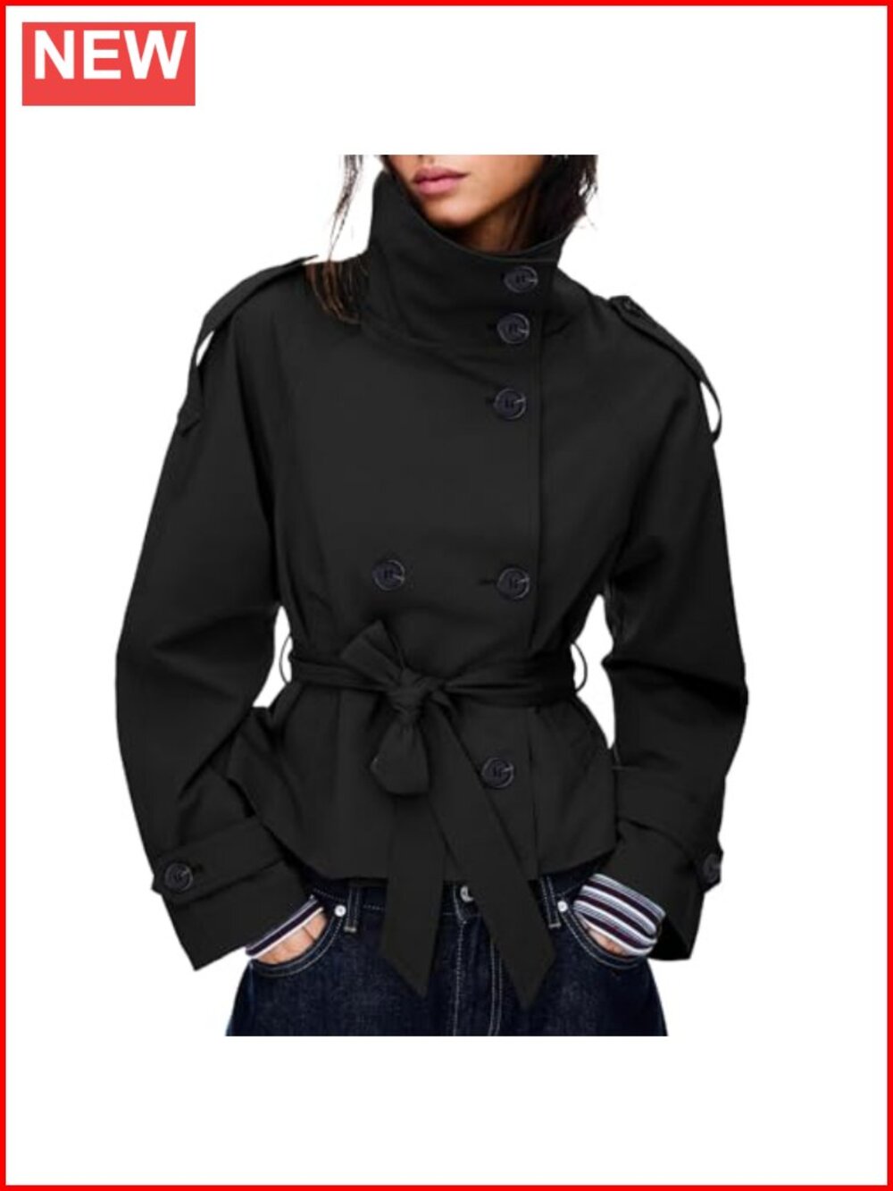 Cropped Trench Coat Double Breasted Belted Lightweight Fall Jacket